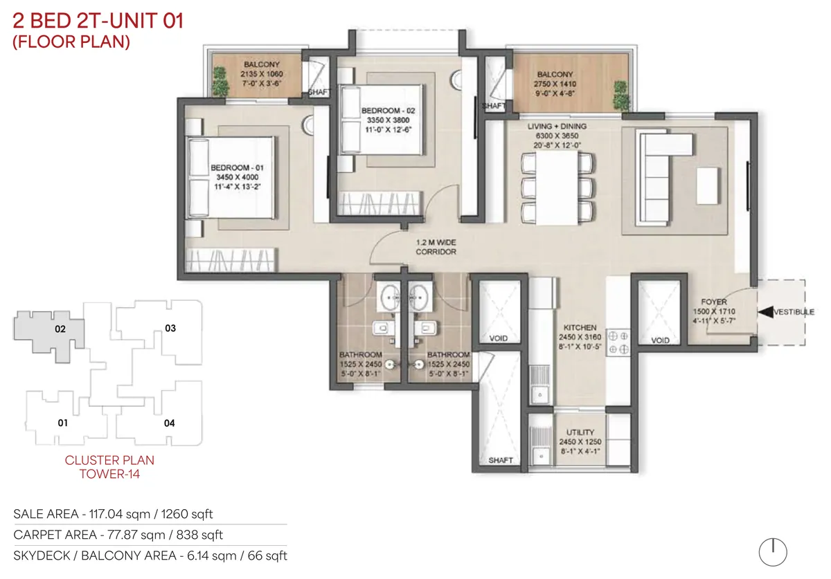Nambiar District 25 Phase 3 2 BHK 2T floor plan - 1,260 sq ft saleable